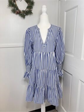 Pomander Place Kenzo Blue and White Stripe Cotton Poplin Tiered Mini Dress